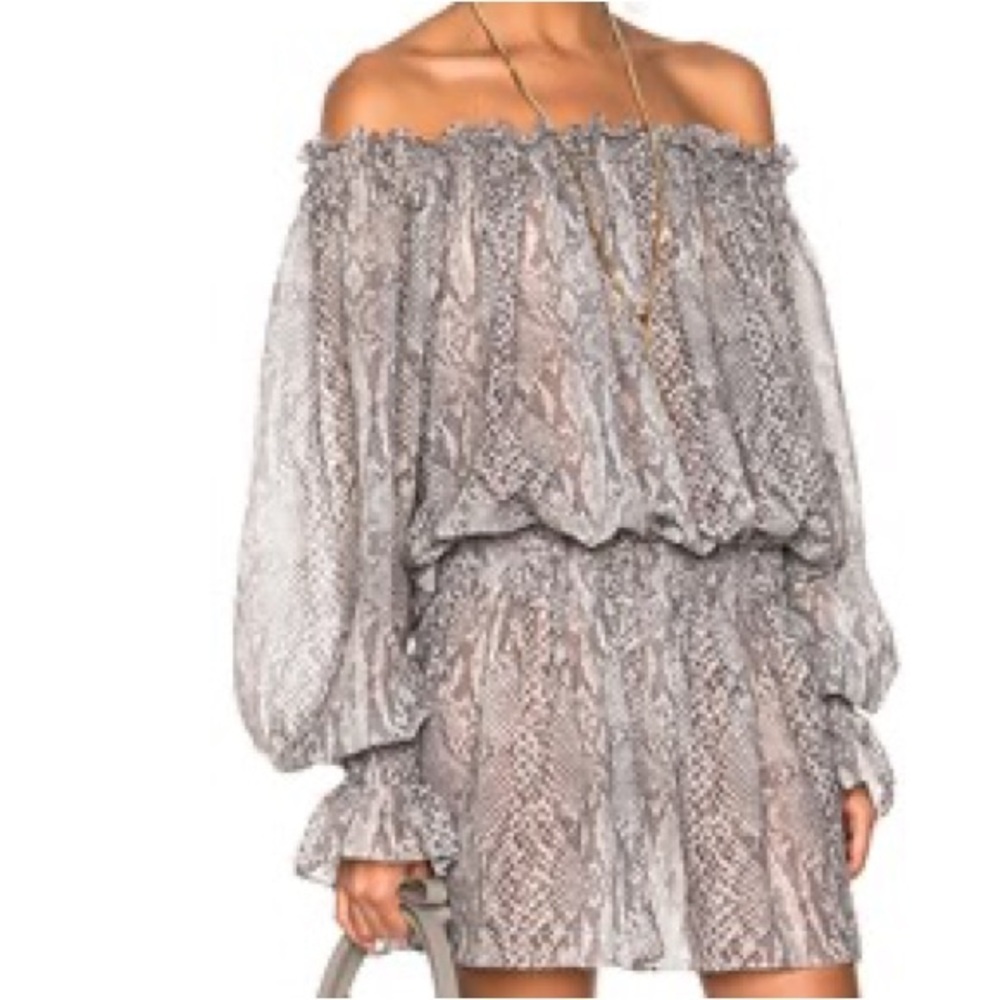 Norma Kamali Snake Print Sheer Off the Shoulder Puff Sleeve Blouse Top XS Gray